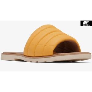 SOREL ELLA II QUILTED PUFF YELLOW RAY LEATHER SLIDE SANDAL. NIB. SIZE 8.5M